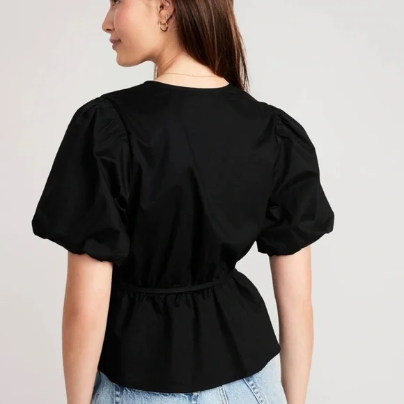 Old Navy Waist-Defined Puff-Sleeve Tie-Wrap Blouse Black S - Picture 3 of 10